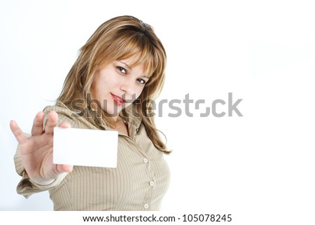 Portrait of an attractive blond woman showing an empty card - isolated on white