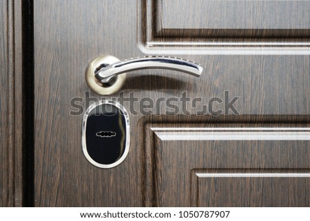 Picture of the door handle and the lock. Fragment of the door.