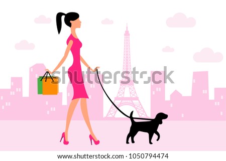 Vector of girl in pink walking with shopping bags and dog on leash in city of Paris. Eps vector illustration, horizontal image, flat design