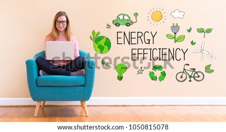 Energy Efficiency with young woman using her laptop in a chair