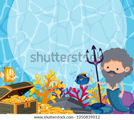 Background design with male mermaid and treasure illustration