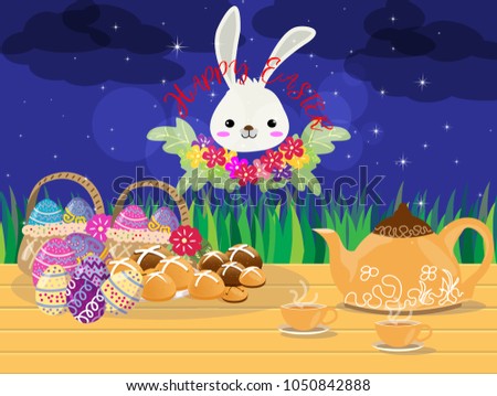 Happy Easter Day items design.Hot cross bun bread and Easter Egg dessert .on isolate background for poster, greeting card, party invitation, banner other users.Vector illustration
