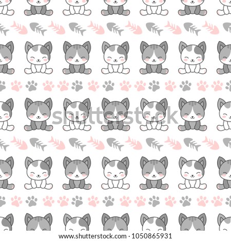 Cute Cats with fishbone and kitten paw Seamless Pattern, Cartoon Animals Background, Vector Illustration