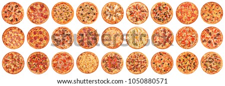 Big set of pizzas isolated on white background. Top view Royalty-Free Stock Photo #1050880571