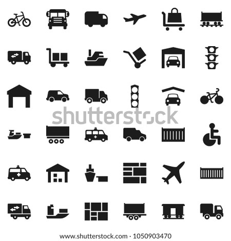 Flat vector icon set - school bus vector, bike, Railway carriage, plane, traffic light, ship, truck trailer, sea container, delivery, car, port, consolidated cargo, warehouse, disabled, amkbulance