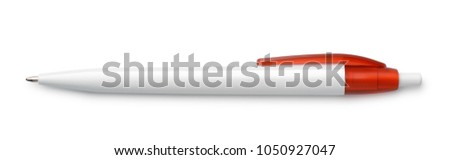 Top view of blank plastic ballpoint pen isolated on white Royalty-Free Stock Photo #1050927047