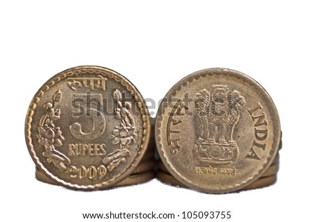 Close up of Indian Coin, both patina or sides of 5 rupee coin, placed side by side, isolated on white background, copy space,