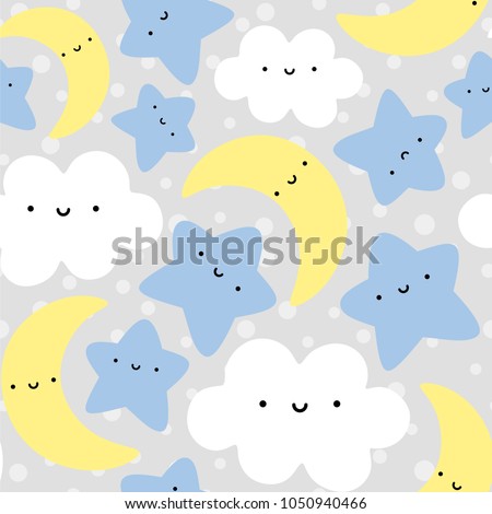Moon, Cloud and Stars Cute Seamless Pattern, Cartoon Vector Illustration, Grey Background