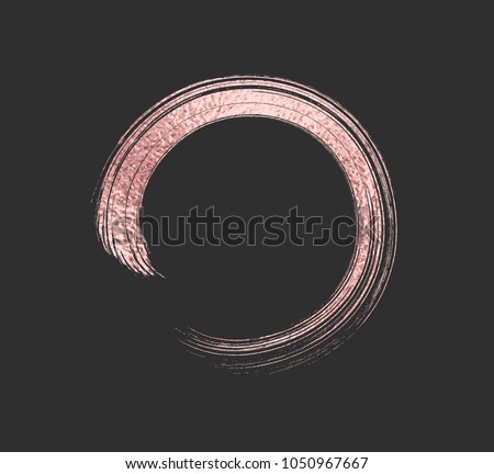 Gold rose foil brush stroke. Pink sparkle circle frame. Copper metal paint texture isolated on black background. Vector gold glitter mascara brushstroke border pattern.
