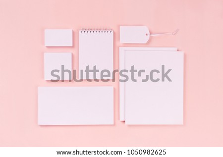 Blank white stationery collection on elegant soft pastel pink background. Corporate identity template. Mock up for branding, graphic designers presentations and portfolios. Top view.