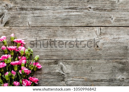 Fresh spring pink cloves flowers, bouquet on wooden rustic background, overhead, flat lay