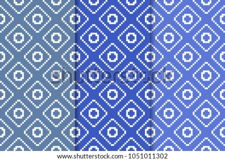 Blue geometric ornaments. Set of vertical seamless patterns for web, textile and wallpapers