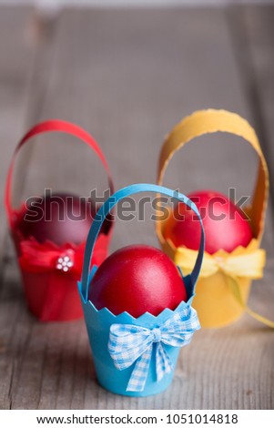 Colorful eastern eggs. Copy space. Selective focus