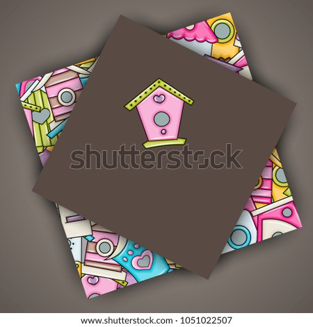 Cute birdhouses for birds background design. Hand drawn doodle card. Spring and summer concept. Vector illustration backdrop.