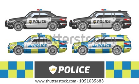 Flat colorful police car. Vector illustration sedan and station wagon patrol. Different safety automobile set. Protection vehicles.