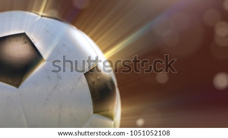 soccer ball slowly flying through the water drops emitting rays of light, 3d illustration