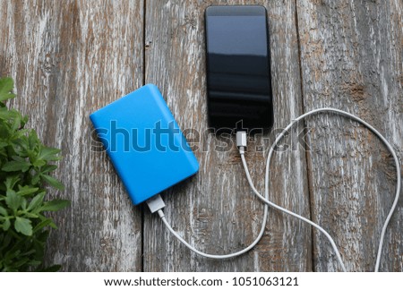 Blue power bank with white usb and black smartphone on old vintage wooden background. Modern, information technology photo near the green plant with leaves texture.