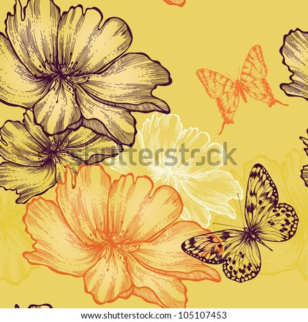 Seamless floral background with wild roses and butterflies, hand-drawing. Vector.