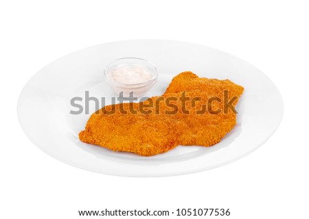 Schnitzel from chicken, pork, beef, meat, grilled fish, barbecue, isolated white background. Tartar, sour cream, mayonnaise, white sauce. For the menu in the restaurant bar Side view Royalty-Free Stock Photo #1051077536