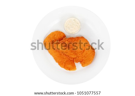 Schnitzel from chicken, pork, beef, meat, grilled fish, barbecue, isolated white background. Tartar, sour cream, mayonnaise, white sauce. For the menu in the restaurant bar View from above Royalty-Free Stock Photo #1051077557