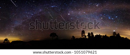 Landscape night sky panorama with full curve of milky way galaxy. 