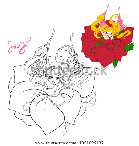 Pretty cartoon fairy girl wearing rose petals. Hand drawn vector illustration. Can be used for coloring book, T-shirt, tattoo, print and cards. 