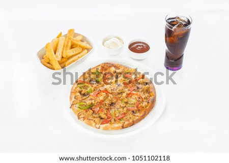 Chicken pizza with french fries, ketchup mayonnaise and glass of cola on the isolated white background. This is Traditional Italian Pizza 