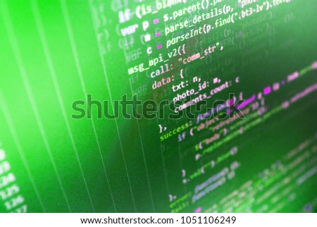 Writing programming code on laptop. Source code close-up. Notebook closeup photo. WWW software development. Creative focus effect. Project managers work new idea. IT specialist workplace. 