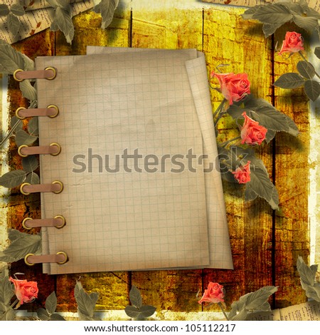 Grunge background for congratulation with notebook and beautiful rose