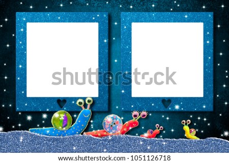 Two empty frames for photos of children, happy family of handmade snails
