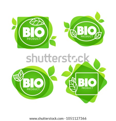 Bio Product, doodle organic leaves emblems, stickers,  frames and logo Royalty-Free Stock Photo #1051127366