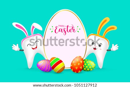 Easter banner background template with colorful eggs and bunny tooth. cute cartoon character design. Illustration on green background.