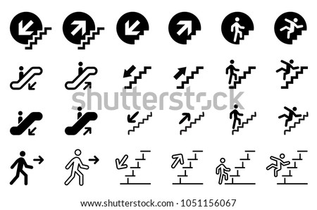 Arrow stairs climbing. Go down,  up. Escalator Airport Elevator Emergency exit. Person, stickman, stick figure man. Downstair op upstairs logo. Cartoon steps Disaster Warning Caution slippery Handrail Royalty-Free Stock Photo #1051156067