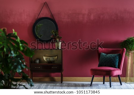 Close-up of a plant in sitting room interior with red armchair, retro cupboard, round mirror and dark red wall Royalty-Free Stock Photo #1051173845