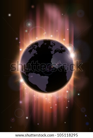 A futuristic world globe concept illustration with light rays and stars