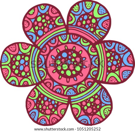Colorful mandala flower. Doodle cartoon artwork. Vector illustration.