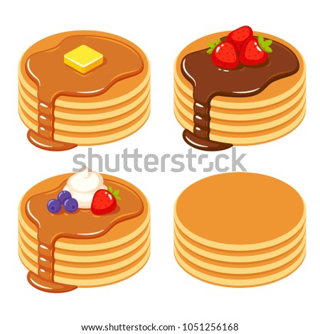 Set of pancakes with different toppings: honey and butter, chocolate syrup and fruit, and a stack of plain isolated pancakes. Traditional breakfast food vector illustration. Royalty-Free Stock Photo #1051256168