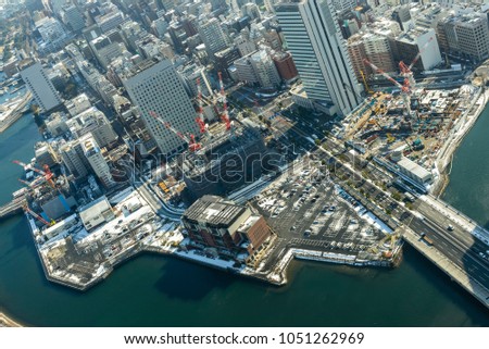 Yokohama, Japan Aerial view after snow fall