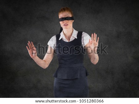 Digital composite of Business woman blindfolded with grunge overlay against grey wall