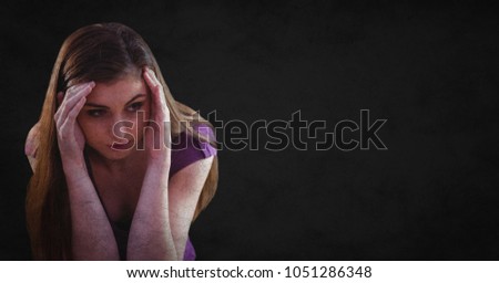 Digital composite of Woman with hands around head against black background with grunge overlay