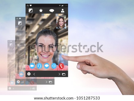 Digital composite of Hand touching Social Video Chat App Interface