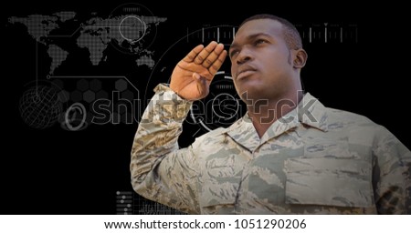 Digital composite of Soldier saluting against black background with interface