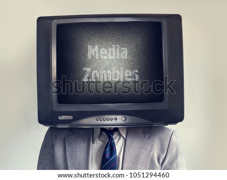 Man with a TV instead of a head. Media Zombie inscription. The multimedia Social networks concept