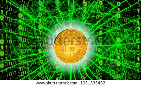Crypto currency Gold Bitcoin, BTC, Bit Coin. Macro shot of Bitcoin coin on matrix background with numerous green lightnings around it. Blockchain technology, bitcoin mining concept