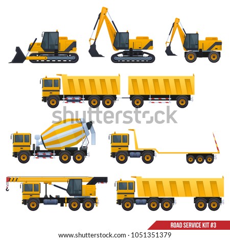 A set of construction machinery, set of vector car road service, cars designed for road construction.