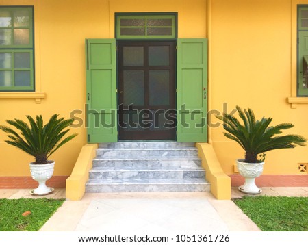 Green door for entrance to vintage office