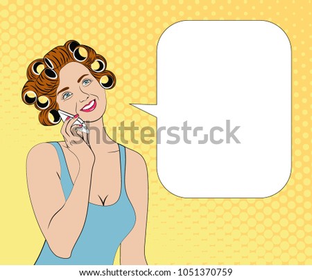 Advertising poster with the image of a girl in curlers. Your text in an empty speech bubble. Vector illustration