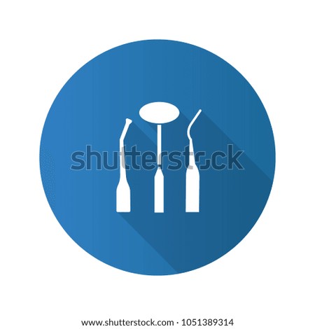 Dental instruments flat design long shadow glyph icon. Mouth mirror, dental probe and dentist's excavator. Vector silhouette illustration