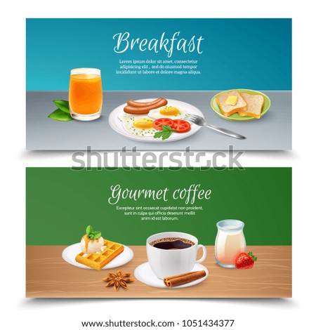 Realistic set of two horizontal banners with served tasty breakfast realistic isolated vector illustration