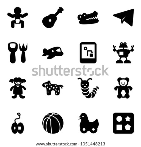 Solid vector icon set - baby vector, guitar, crocodile, paper plane, shovel fork toy, game console, robot, doll, horse, caterpillar, bear, yoyo, basketball, duck, cube hole